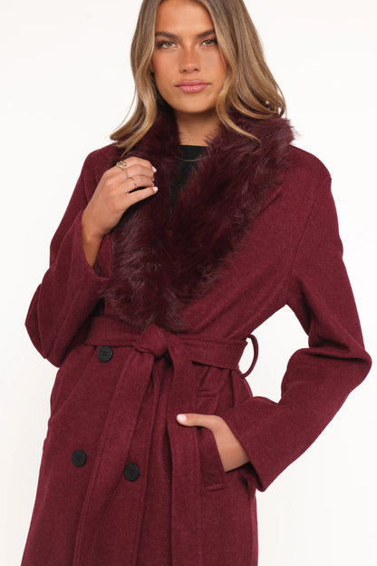 Nina Fur Collar Tie Waist Coat Burgundy