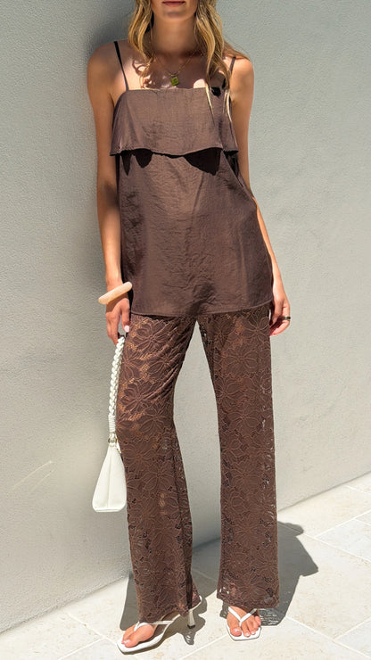 Yvette Top and Lace Pants Set Chocolate
