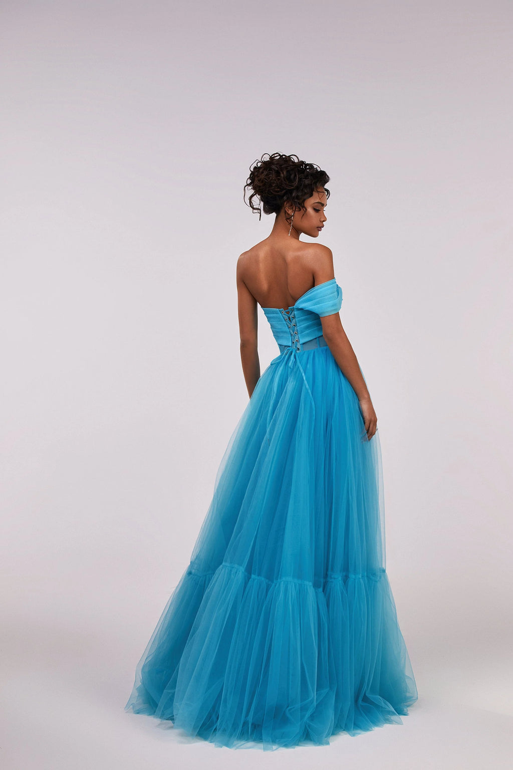 Aquamarine ball gown with one shoulder wrap top