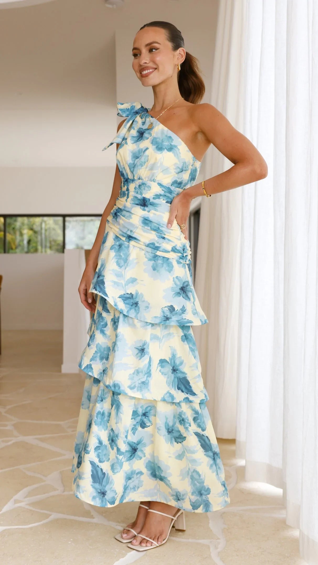 Odilie One Shoulder Maxi Dress Yellow Blue Floral