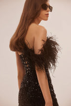 Black Stunning heart shaped mini dress with feathers