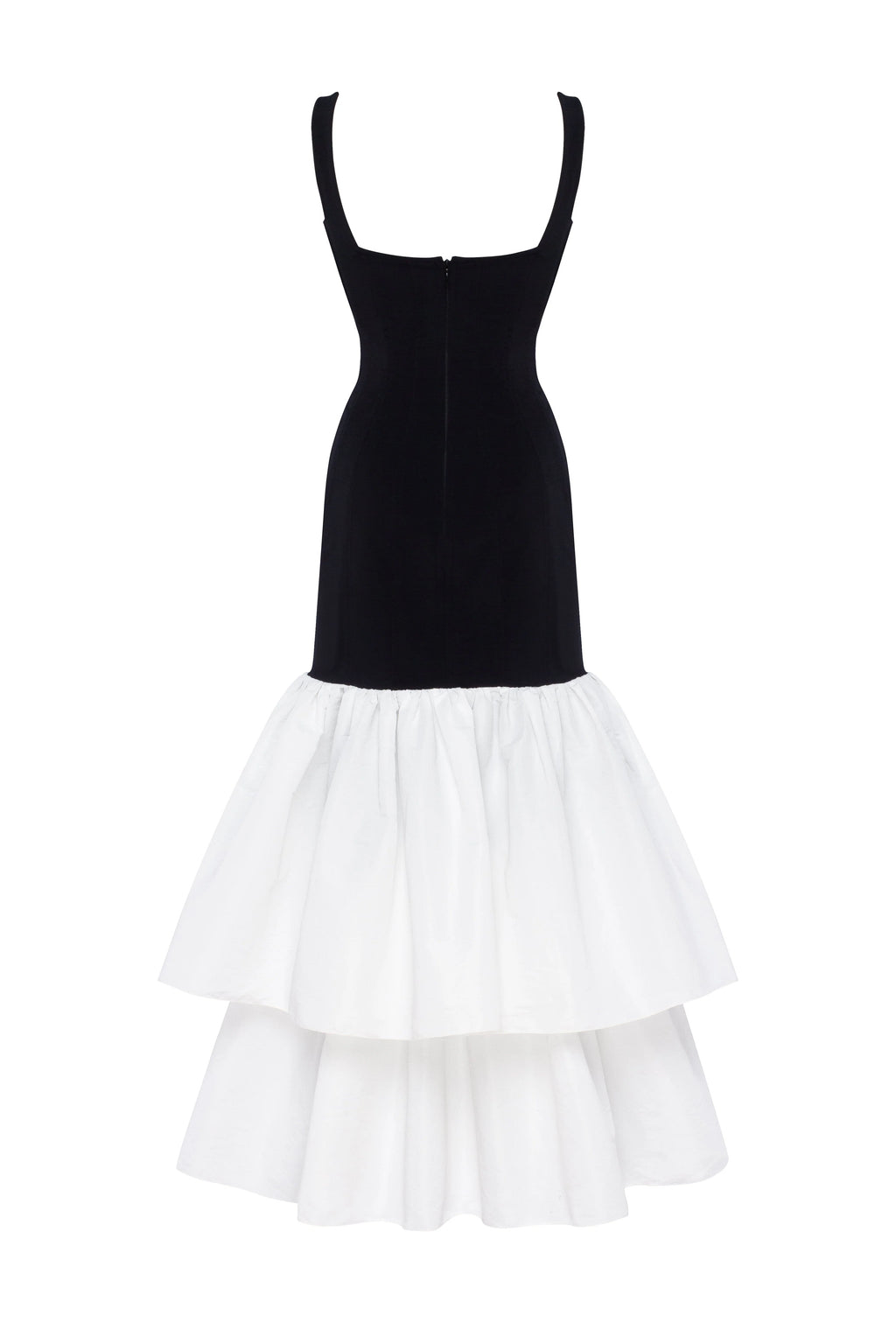 Black fitted maxi dress with white puffy tiered skirt Parisienne