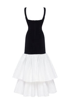 Black fitted maxi dress with white puffy tiered skirt Parisienne