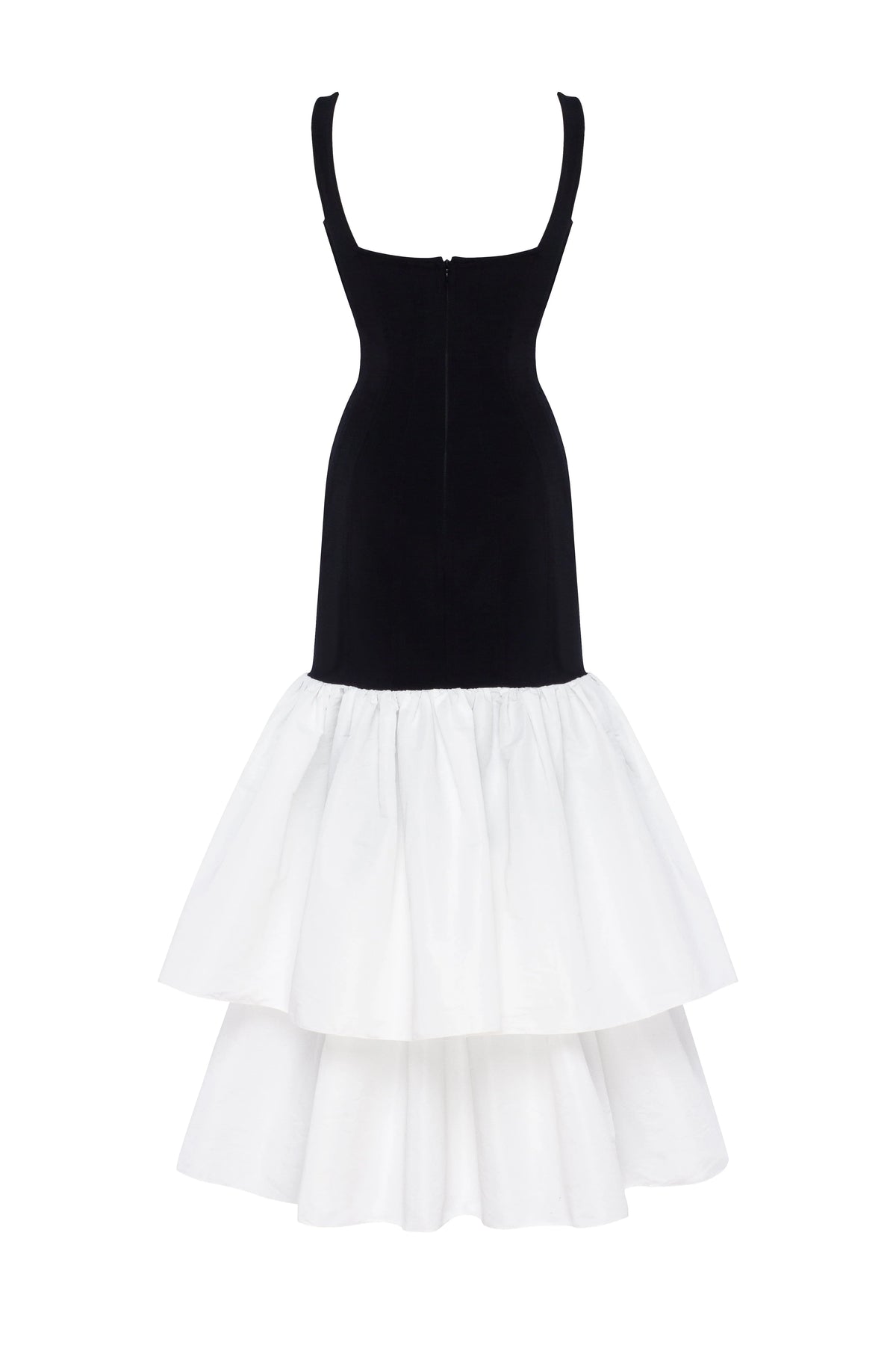 Black fitted maxi dress with white puffy tiered skirt Parisienne