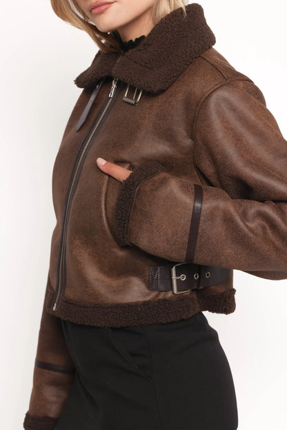 Omi Faux Matte Leather Jacket Brown