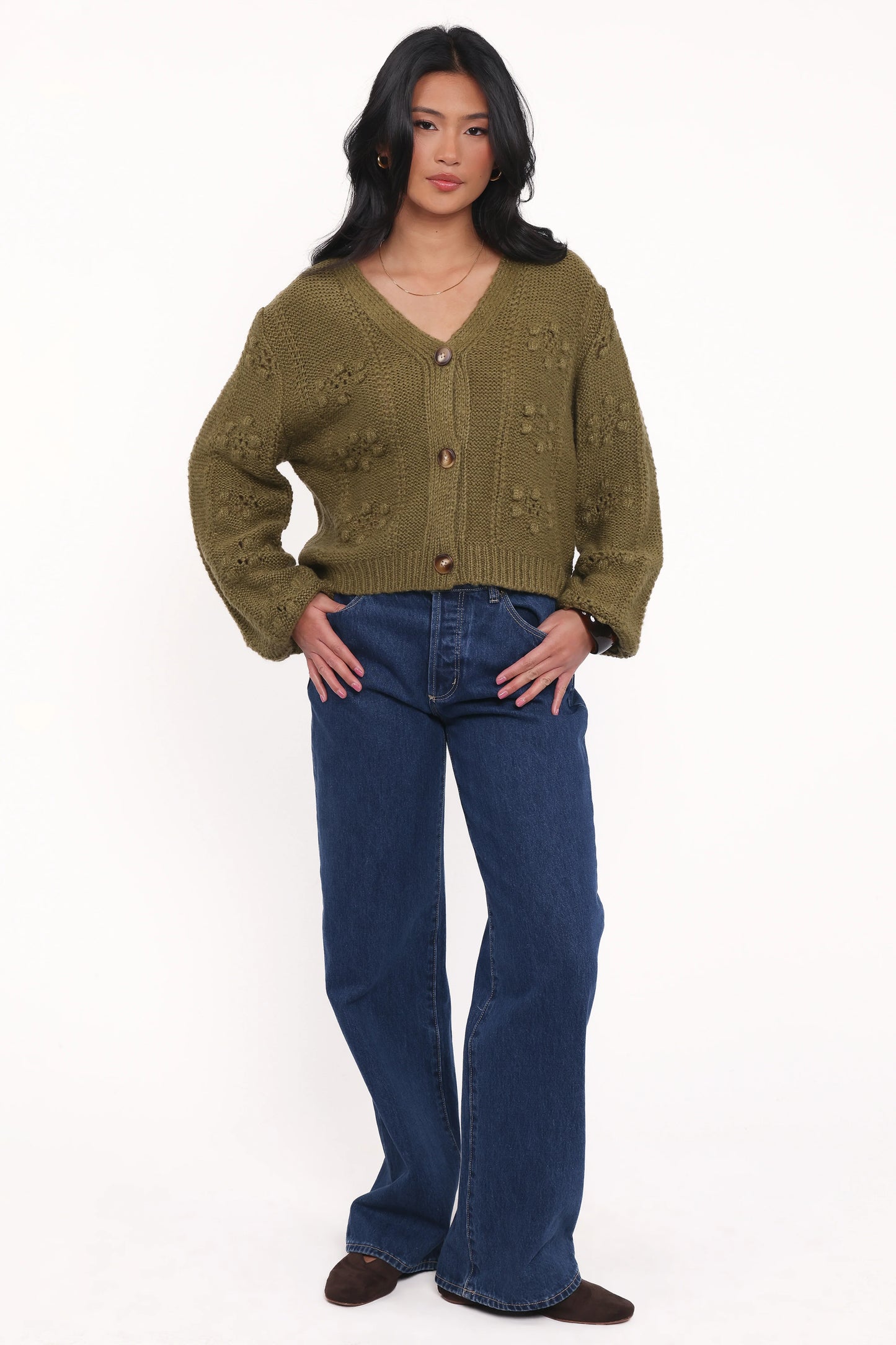 Melody Textured Button Up Cardigan Olive