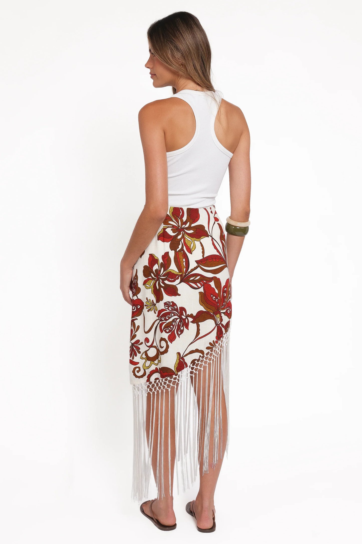 Shelby Midi Fringe Skirt Brown Floral