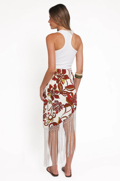 Shelby Midi Fringe Skirt Brown Floral