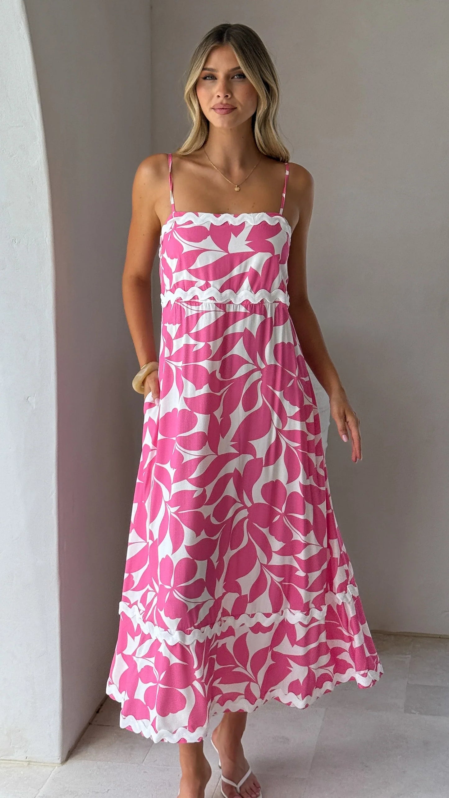 Seraphina Midi Dress Fuchsia White Print