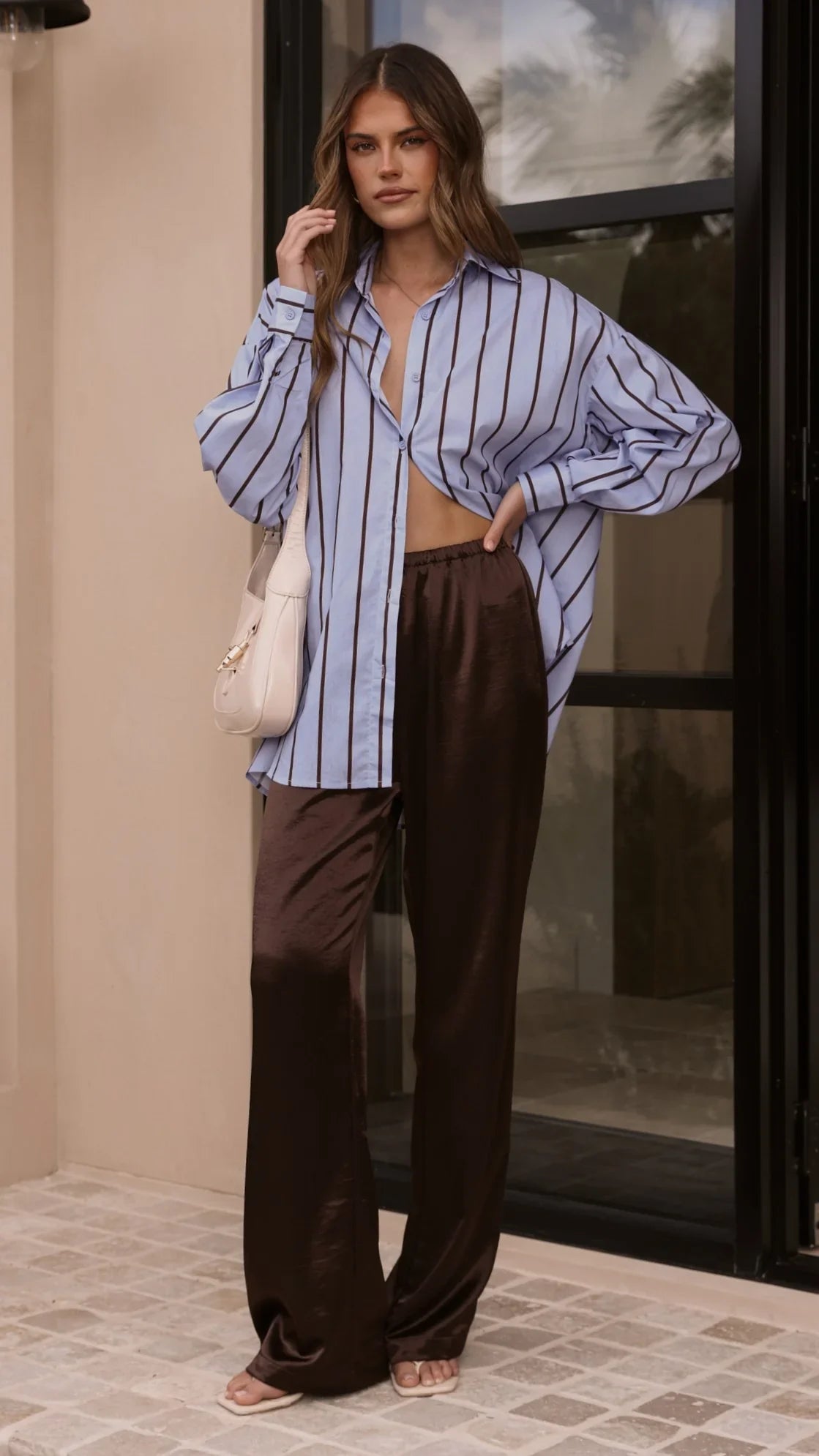 Arli Button Up Shirt Blue Brown Stripe
