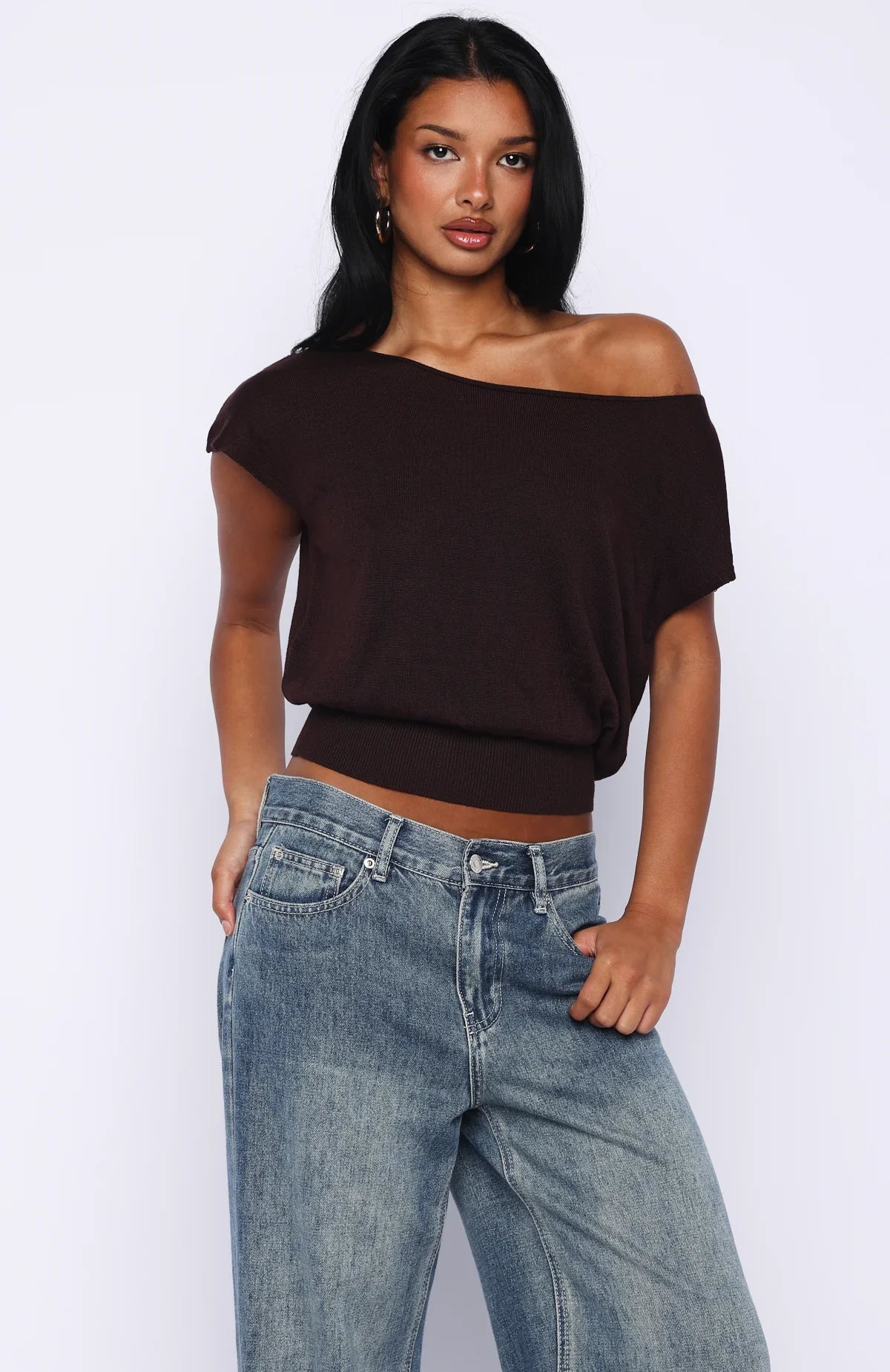 Cant Change My Mind Off Shoulder Cinched Top Chocolate