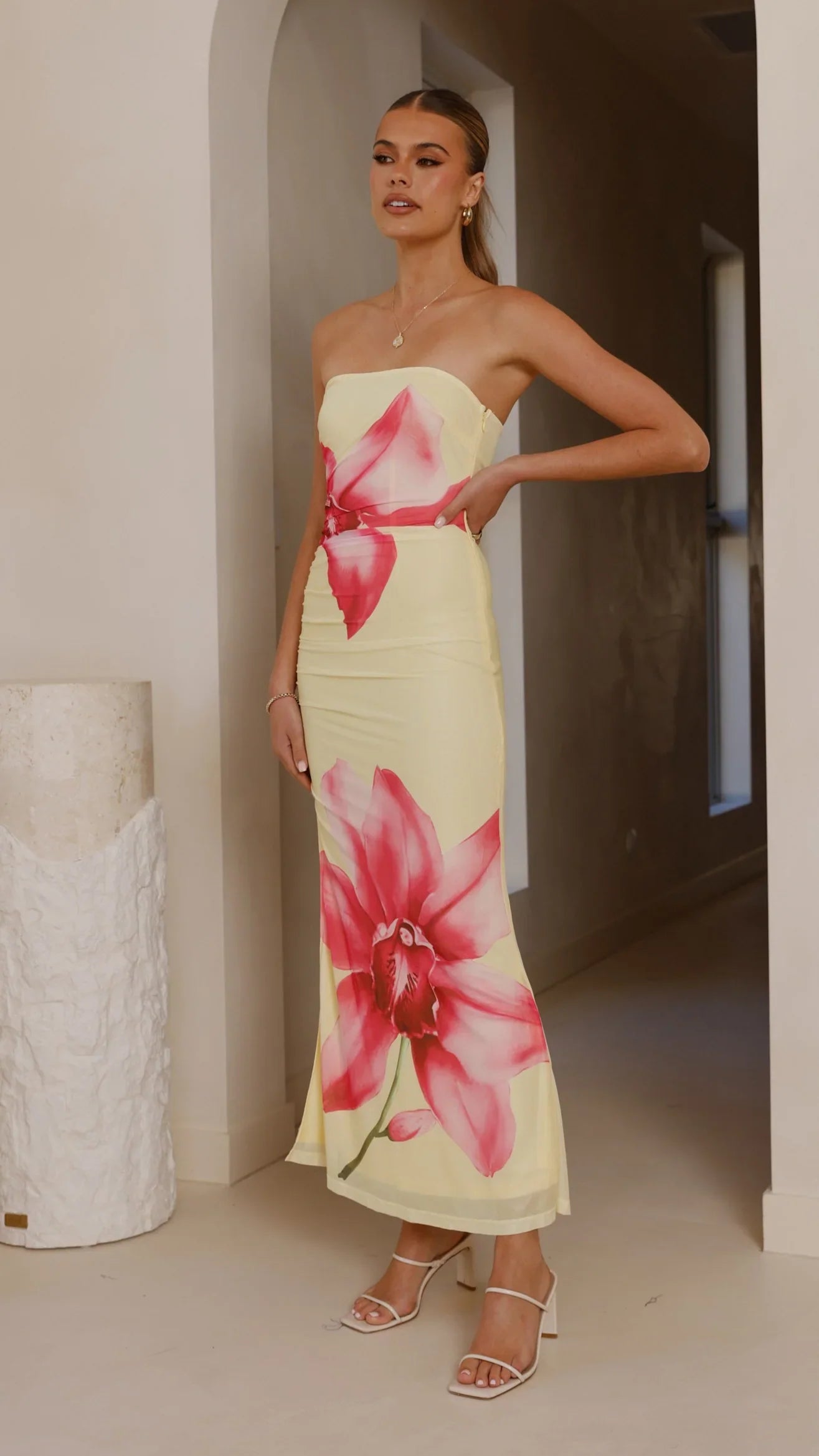 Brittani Strapless Maxi Dress Yellow Pink