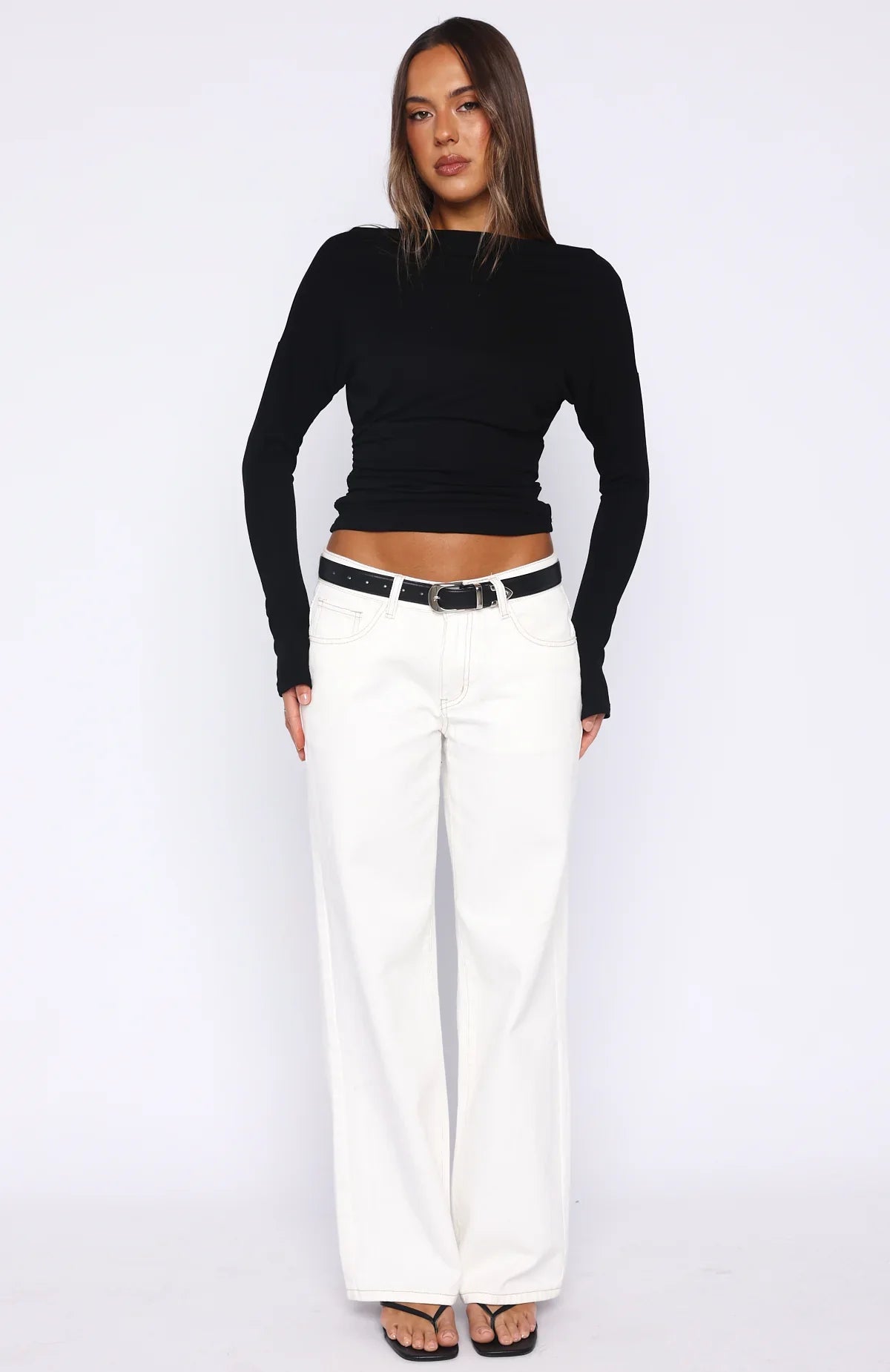 Another Time Cinched Waist Long Sleeve Top Black