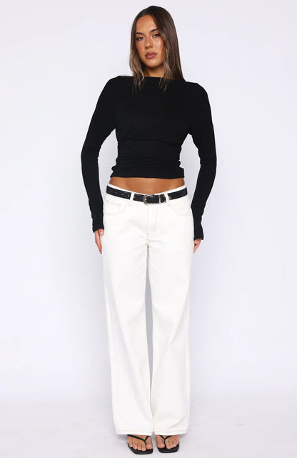 Another Time Cinched Waist Long Sleeve Top Black