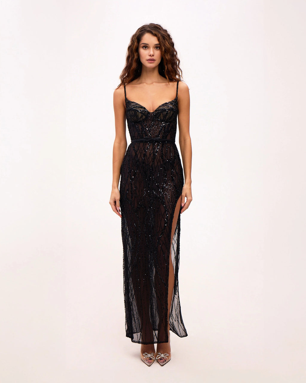 Astonishing sequined maxi gown on spaghetti straps with short briefs