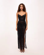 Astonishing sequined maxi gown on spaghetti straps with short briefs