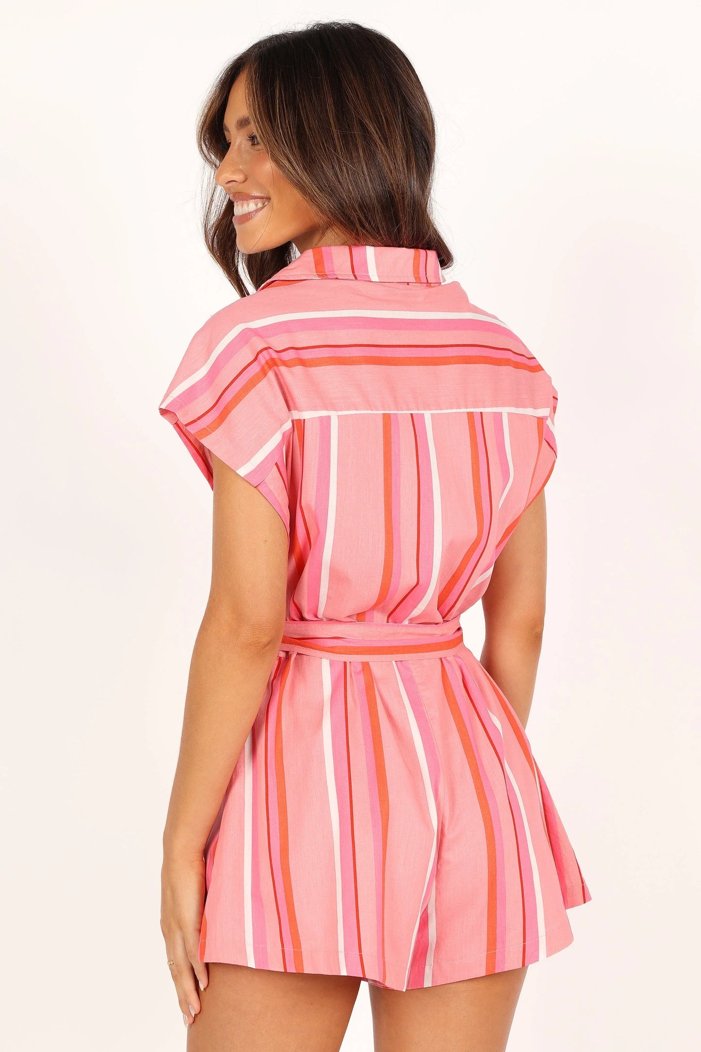Addie Tie Waist Romper Pink Stripe