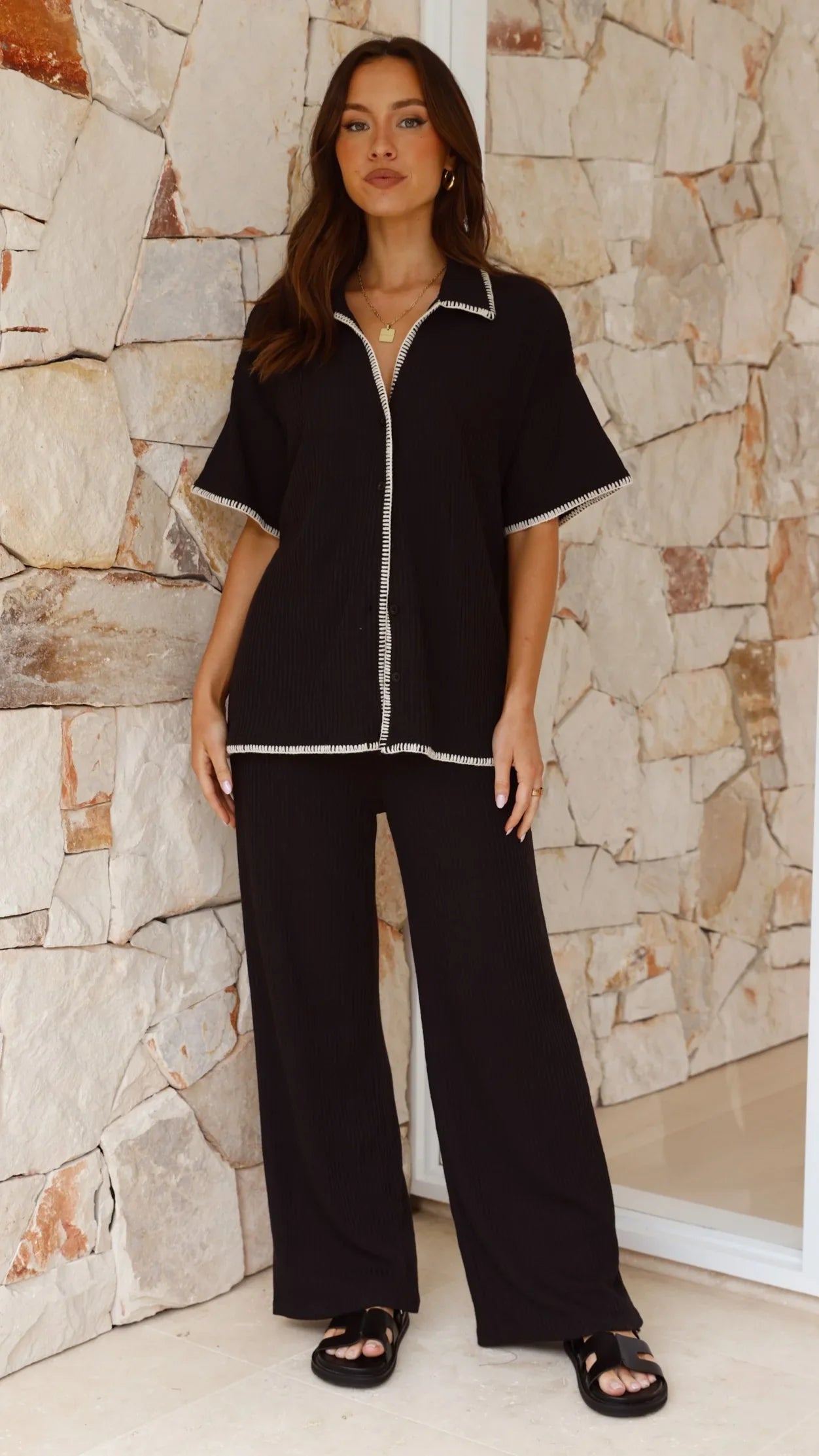 Madian Button Up Shirt and Pants Set Black