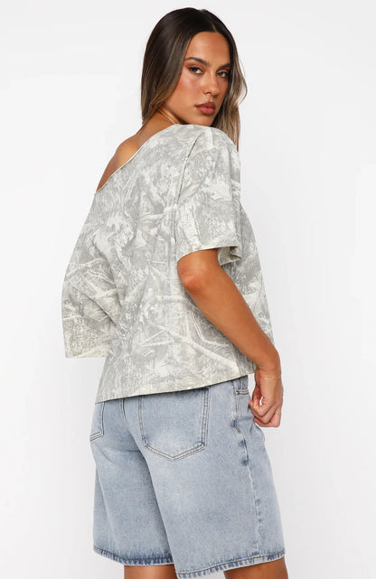 Travel The World Off Shoulder Oversized Tee Light Camo