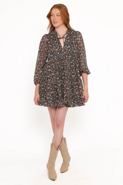 Jinny Long Sleeve Mini Dress Dark Green Multi