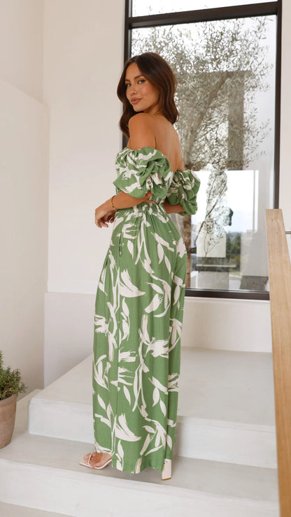Callison Crop Top and Pants Set Green Print