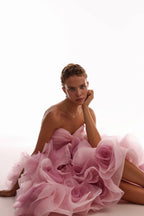 Dramatic flowered organza midi dress in misty rose Glow Up