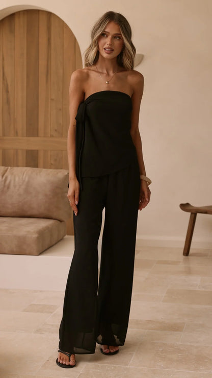 Zabrina Semi Sheer Strapless Top and Pants Set Black