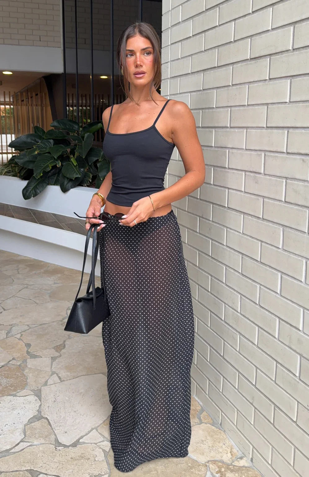 Sunday Strolls Maxi Skirt Black White Polka Dot