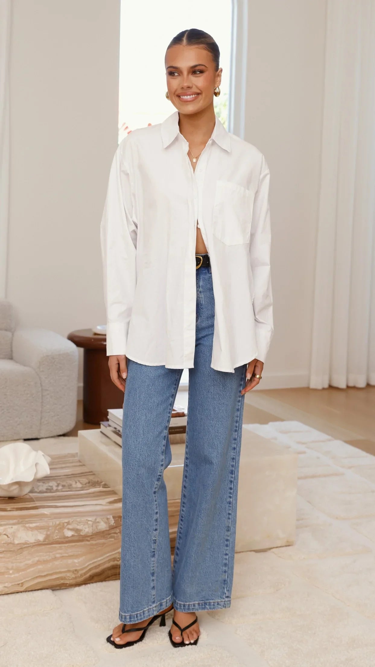 Charla Button Up Poplin Top White