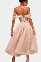 Off the shoulder midi gown with the tender embellishment