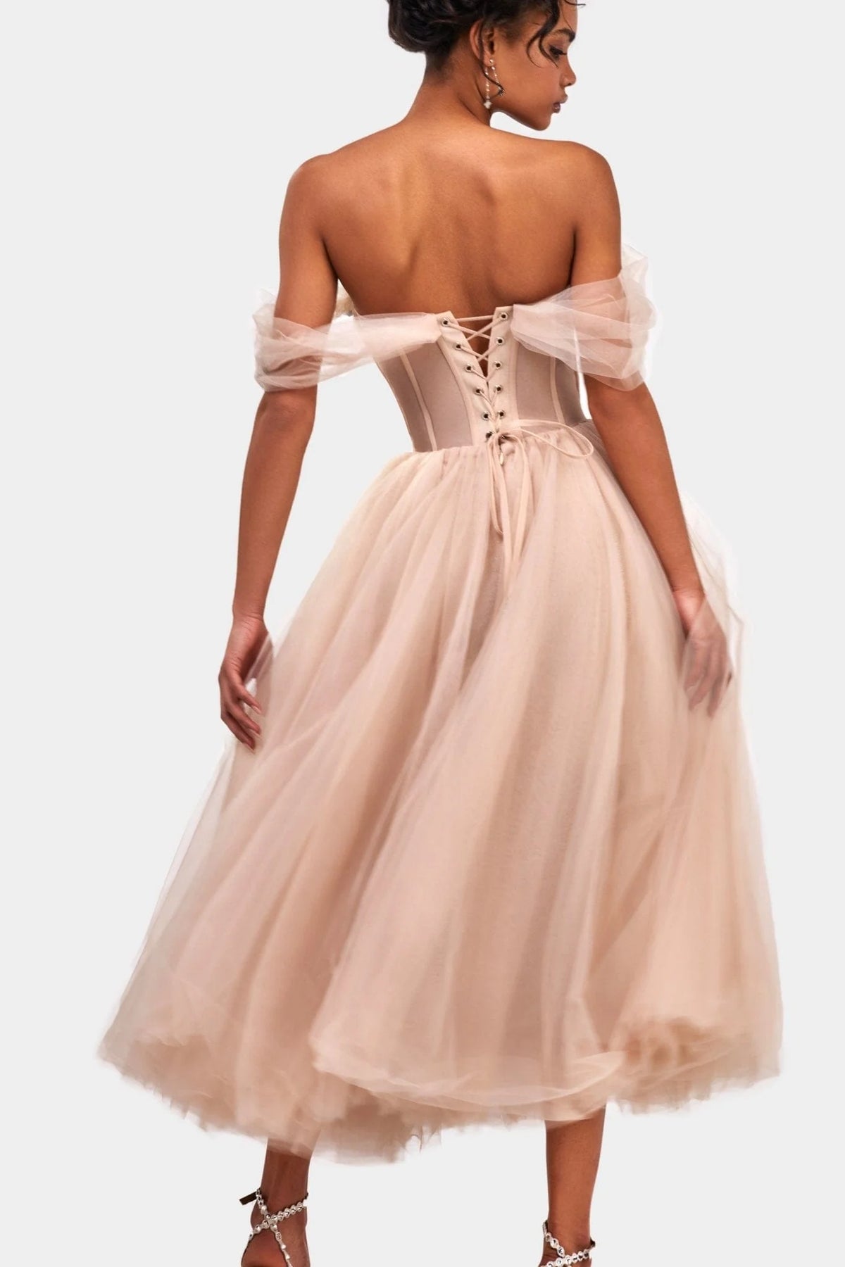 Off the shoulder midi gown with the tender embellishment
