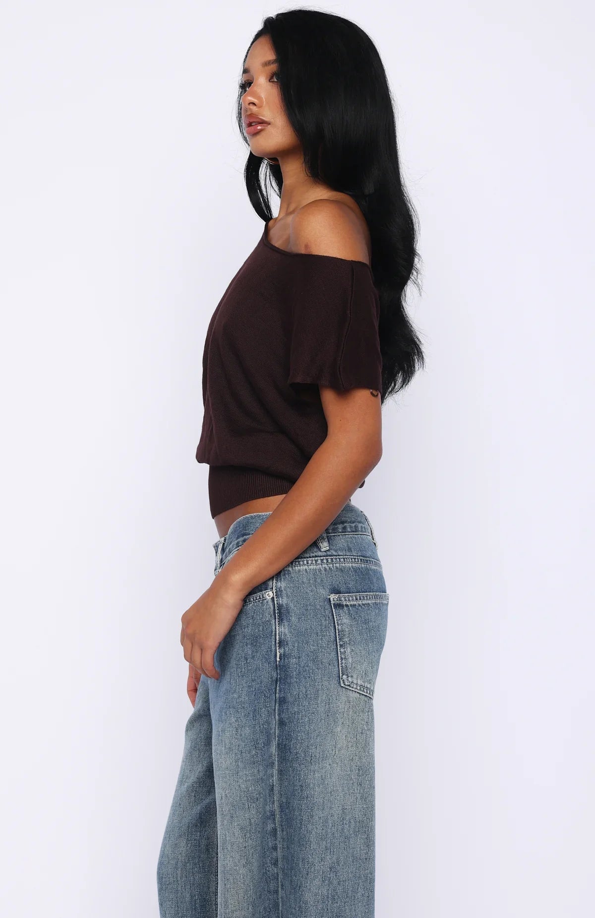Cant Change My Mind Off Shoulder Cinched Top Chocolate