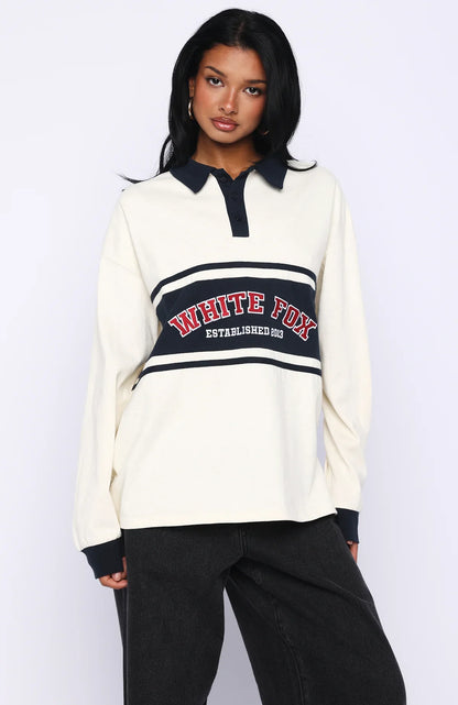 Meeting Friends Long Sleeve Rugby Shirt Cream