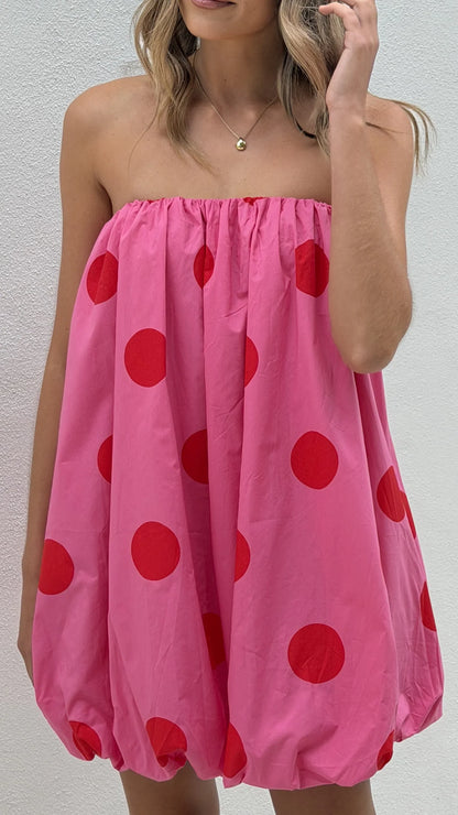 Everly Strapless Mini Dress Pink Red Polka