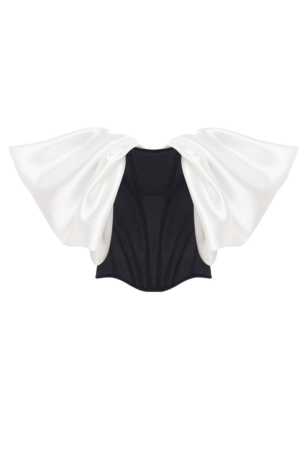 Sophisticated black fitted corset with white satin off the shoulder sleeves Midnight Walk