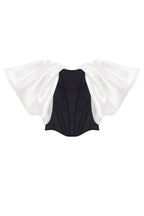 Sophisticated black fitted corset with white satin off the shoulder sleeves Midnight Walk
