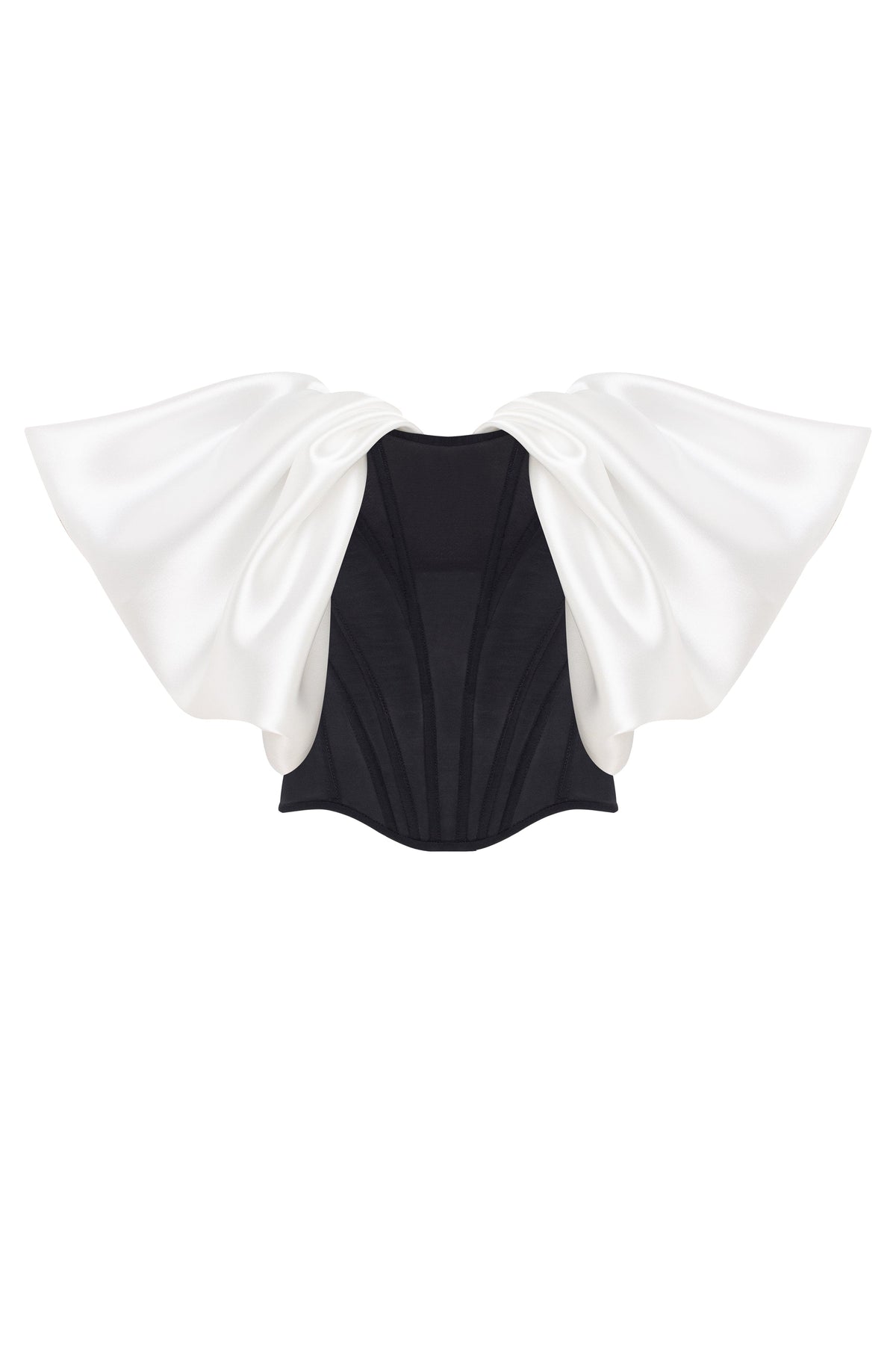 Sophisticated black fitted corset with white satin off the shoulder sleeves Midnight Walk