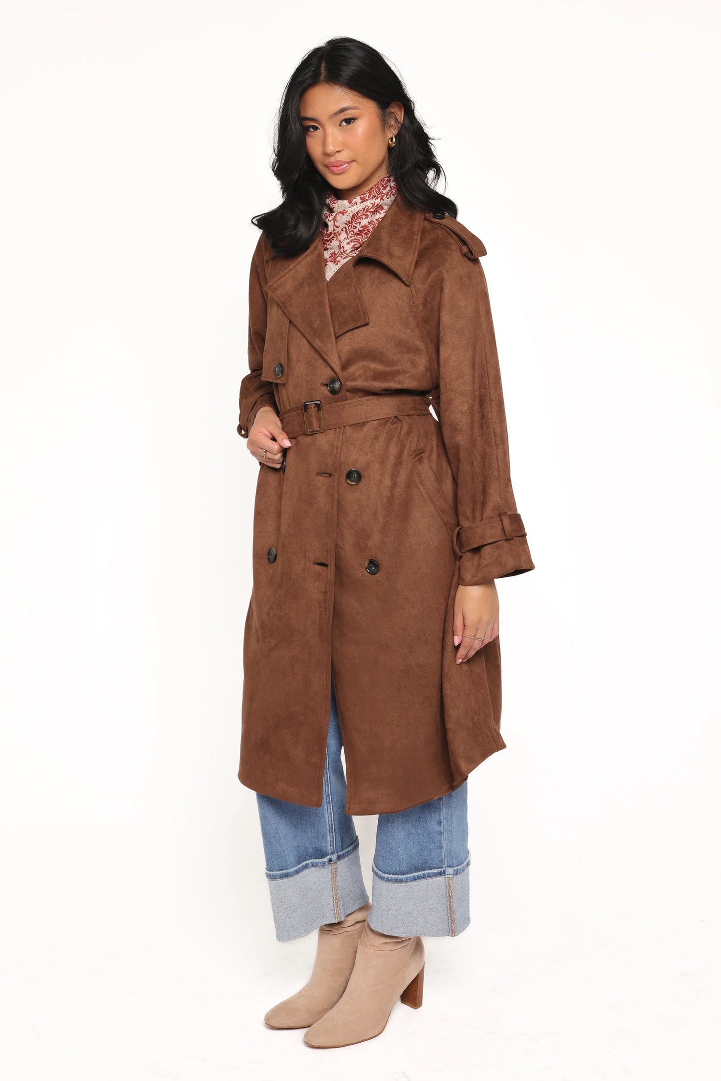 Micha Faux Suede Trench Coat Brown