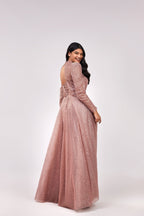 Misty Rose Long sleeve maxi dress decorated with shiny rhinestones