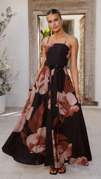 Carson Maxi Dress Black Wine Floral