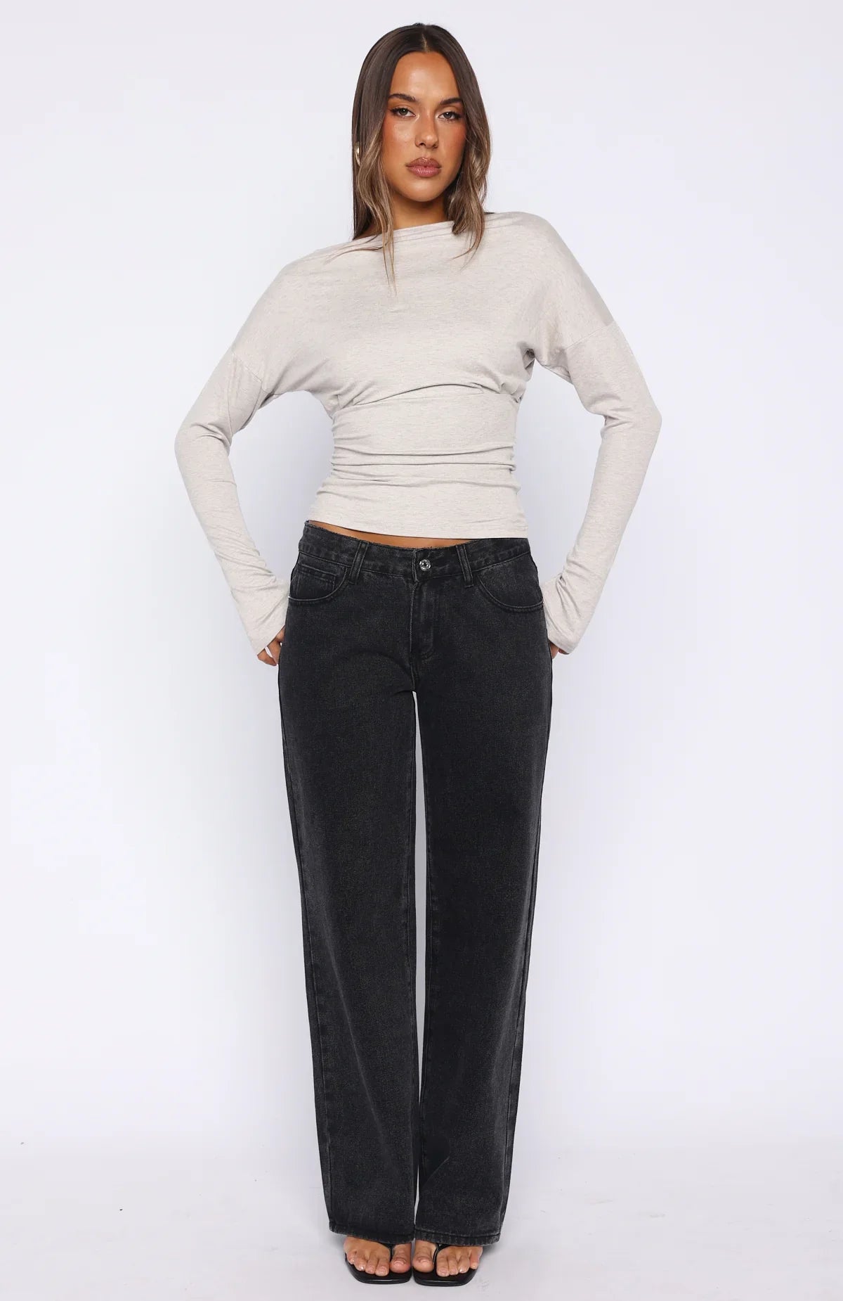 Another Time Cinched Waist Long Sleeve Top Light Grey Marle