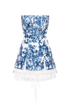 Strapless blue hydrangea mini dress with accent lacing