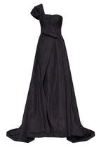 Black taffeta evening gown with a high slit and one shoulder wrap top