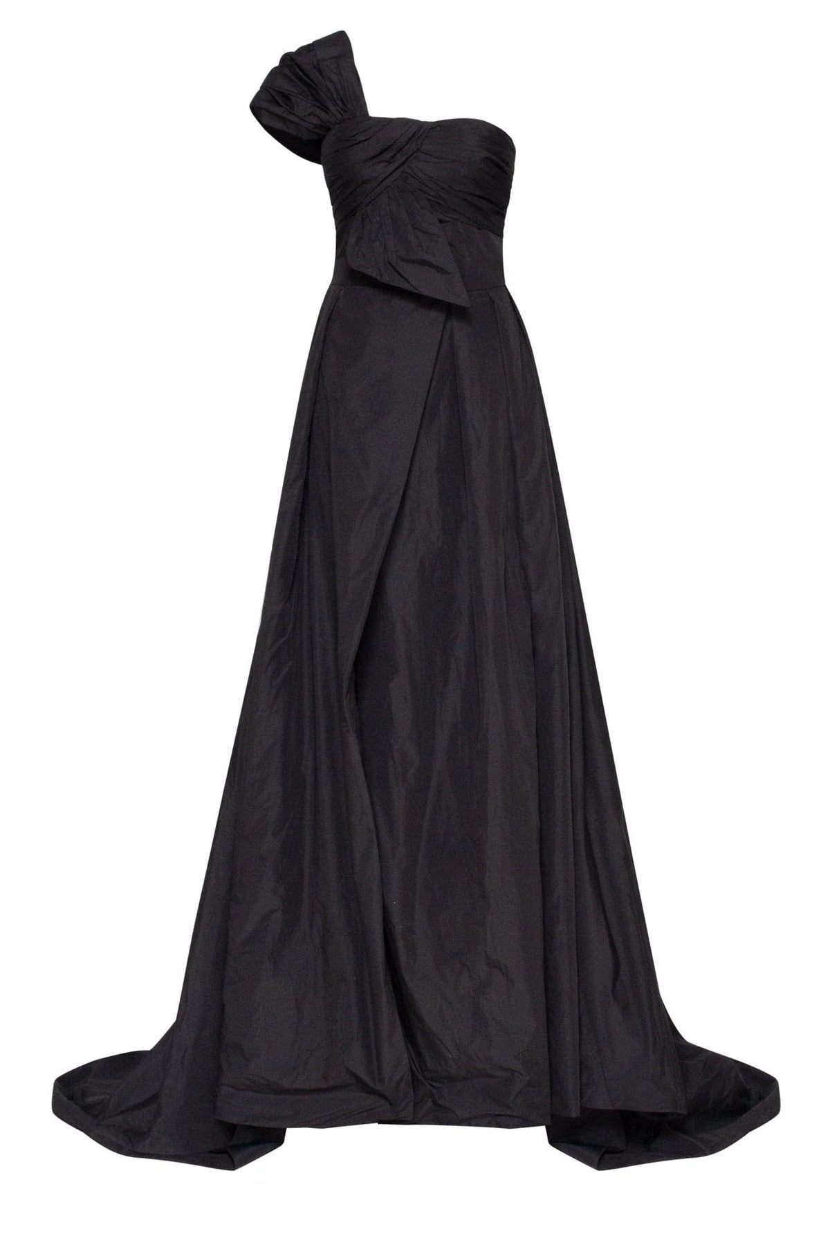 Black taffeta evening gown with a high slit and one shoulder wrap top