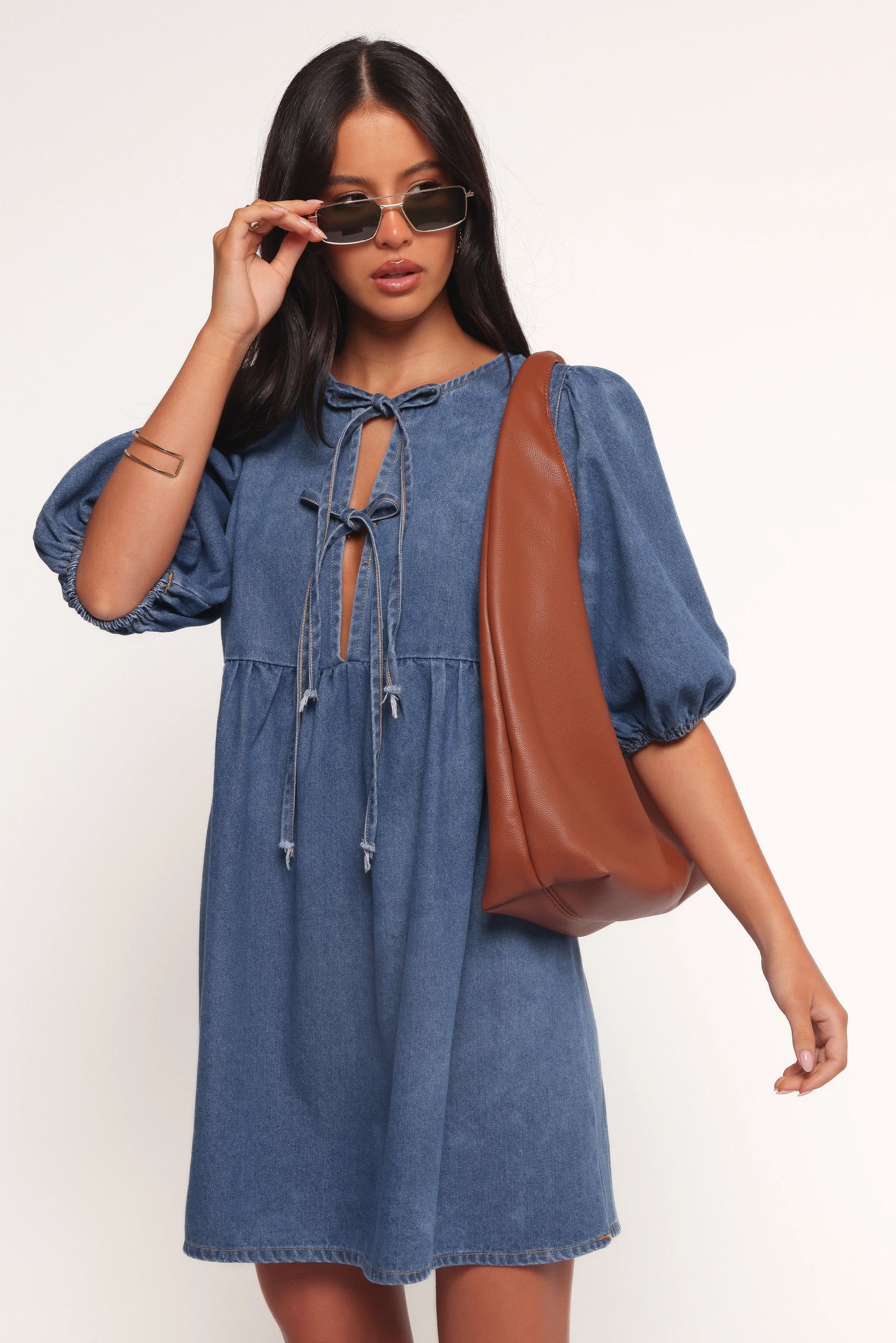 Romana Tie Front Mini Dress Dark Denim