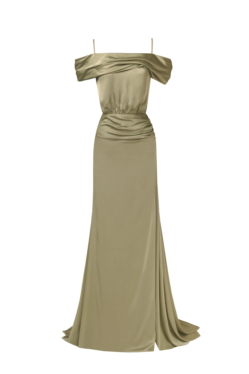 Elegant olive off the shoulder silk maxi dress
