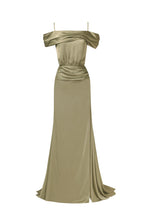 Elegant olive off the shoulder silk maxi dress