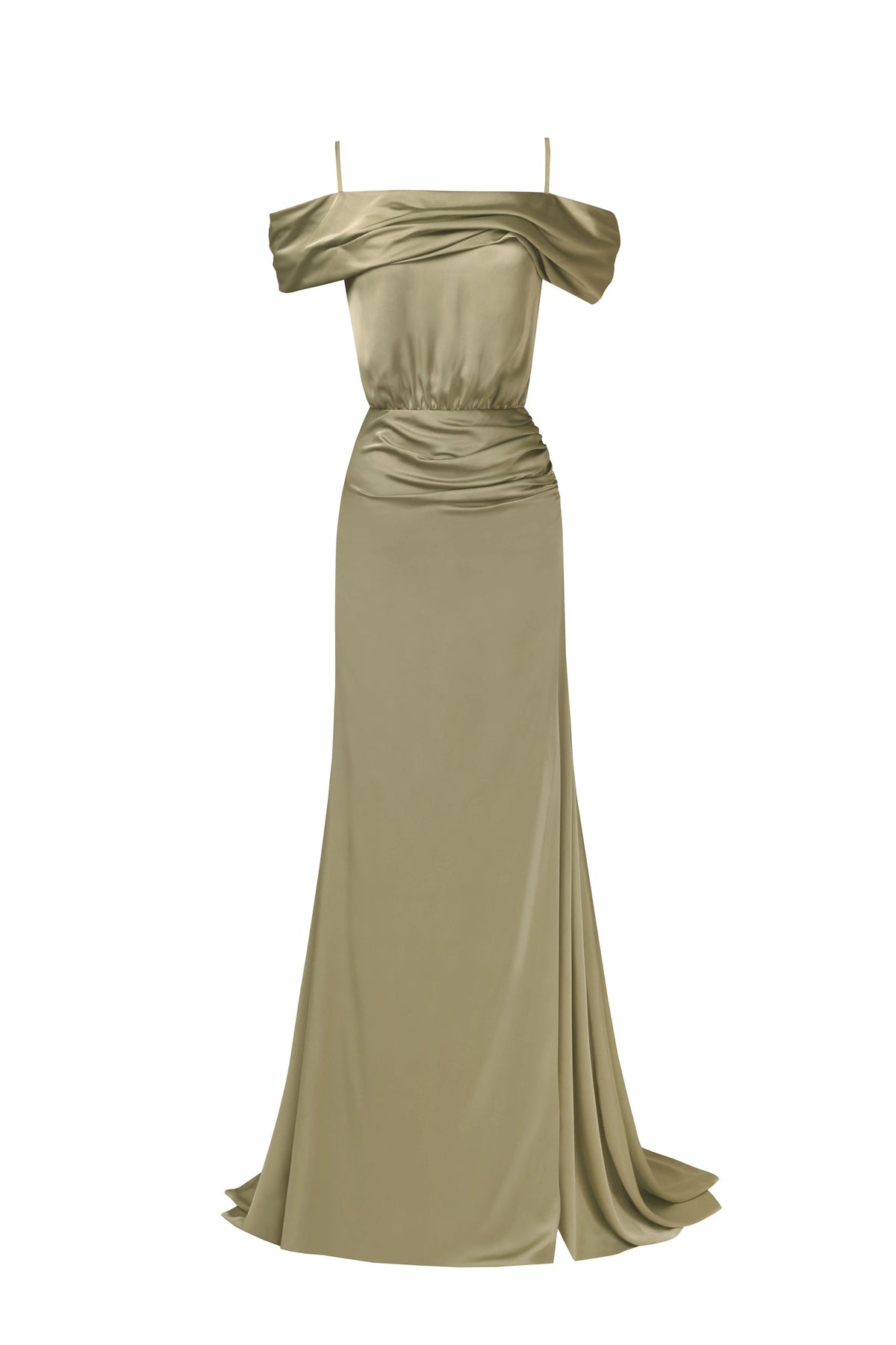 Elegant olive off the shoulder silk maxi dress