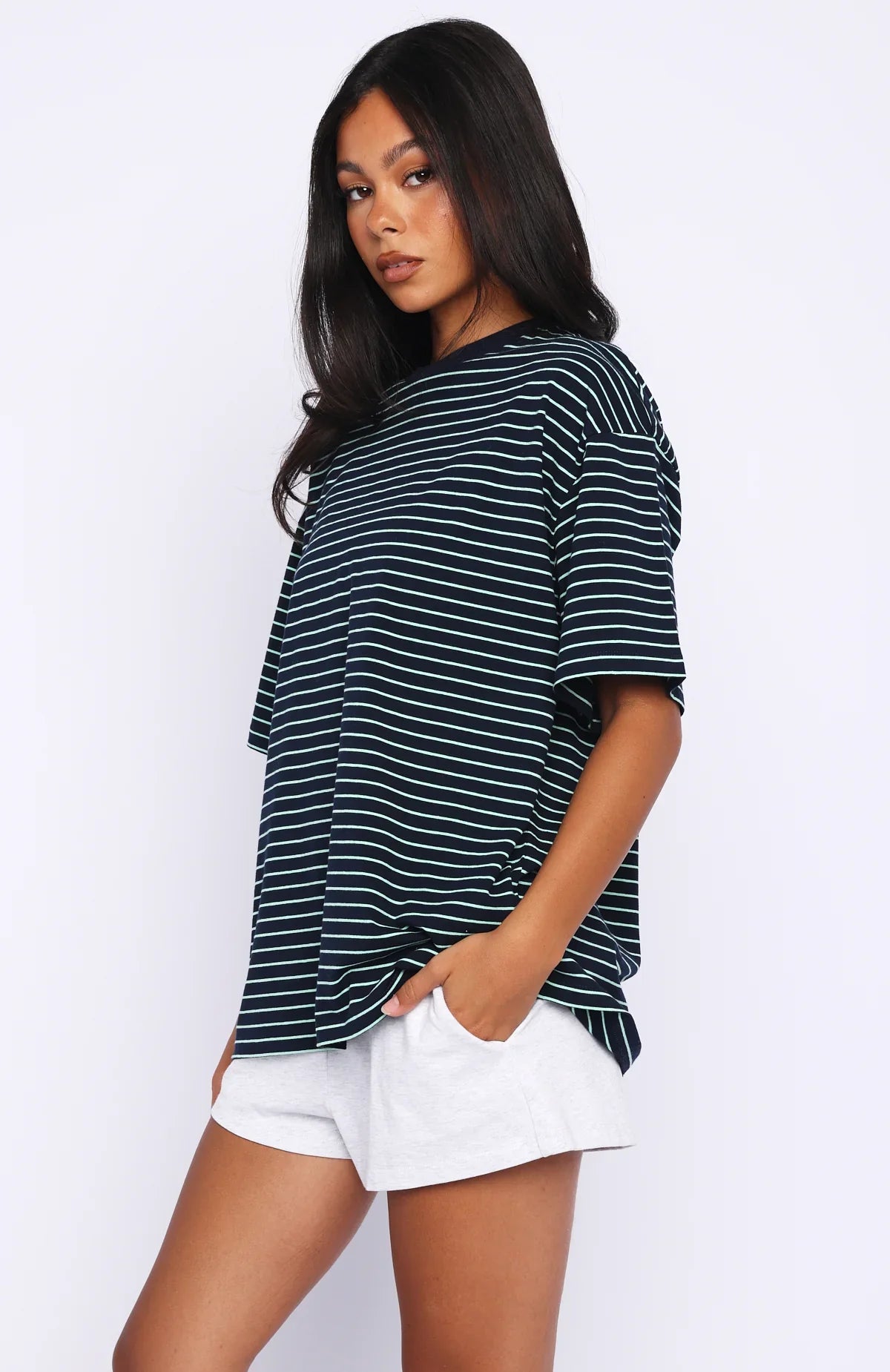 Touchdown Oversized Tee Navy Mint Stripe