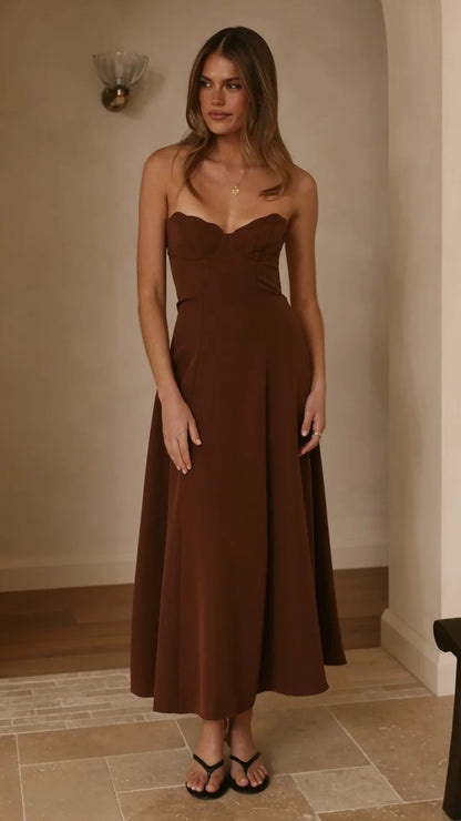 Janessa Strapless Midi Dress Chocolate